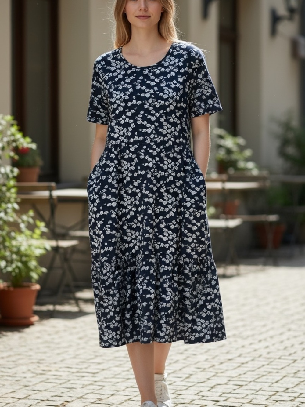 National Cotton Large Blue Floral Dress Short Sleeve Pockets